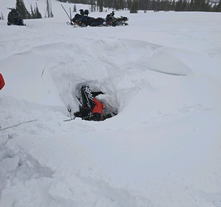 A 53-year-old snowmobiler was rescued Saturday morning after accidentally driving into a vertical mineshaft in the remote Soapstone Basin area, requiring a high-angle extraction and emergency airlift.