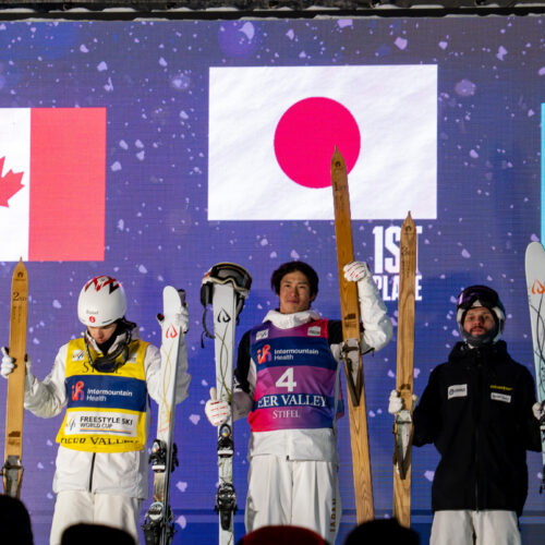 Japan’s Ikuma Horishima on the podium at the Stifel’s Intermountain Health FIS Freestyle International World Cup at Deer Valley