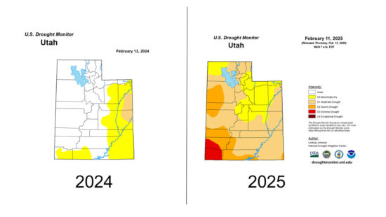 Graphic compares Utah’s current drought situation to 2024. Currently, 4% of the state is in the extreme category of drought and 20% in the severe category. Last year at this time, Utah was not experiencing extreme or severe drought conditions.