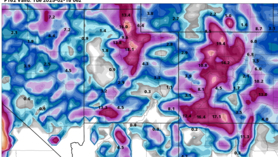 GFS model total snowfall through Monday night.