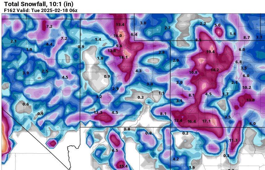 GFS model total snowfall through Monday night.