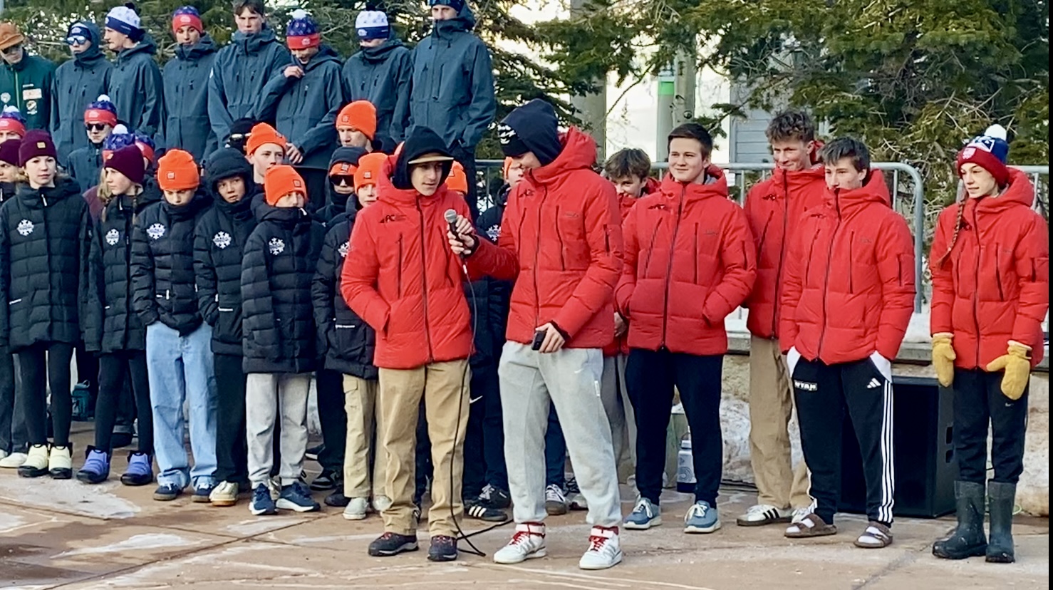 Seth Rothchild and Augie Roepke of the Park City Ski and Snowboard Team Reading the Olympic Athlete's Oath at Jr. National Championships Opening Ceremony at the Utah Olympic Park.