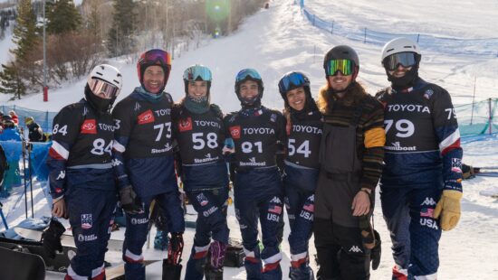 The Toyota U.S. Para Snowboard Team at the top of the World Cup course in Steamboat Springs, Colorado.