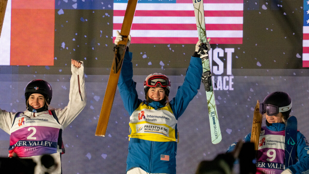 Jaelin Kauf, 1st; Perrine Laffont, 2nd; Olivia Giaccio, 3rd; in womens dual moguls at Deer Valley world cup.