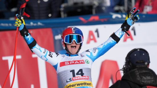 United States' Lauren Macuga celebrates at the finish area of a women's Super-G, at the Alpine Ski World Championships, in Saalbach-Hinterglemm, Austria, Thursday, Feb. 6, 2025.