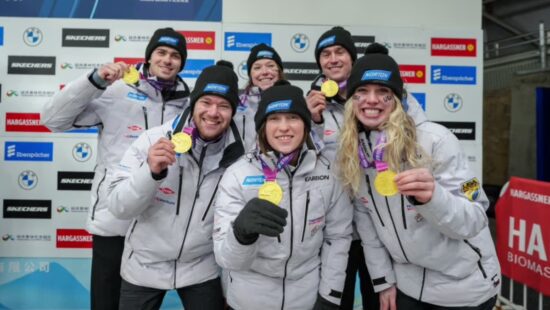 Park City's Ashley Farquharson (center back) and her teammates from USA Luge on the world cup podium in China.