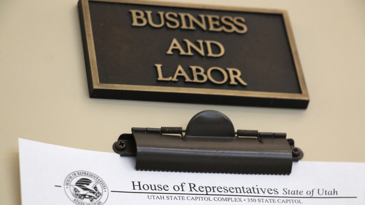 Utah's House Business and Labor Committee letterhead is displayed Thursday, Jan. 23, 2025, in Salt Lake City.