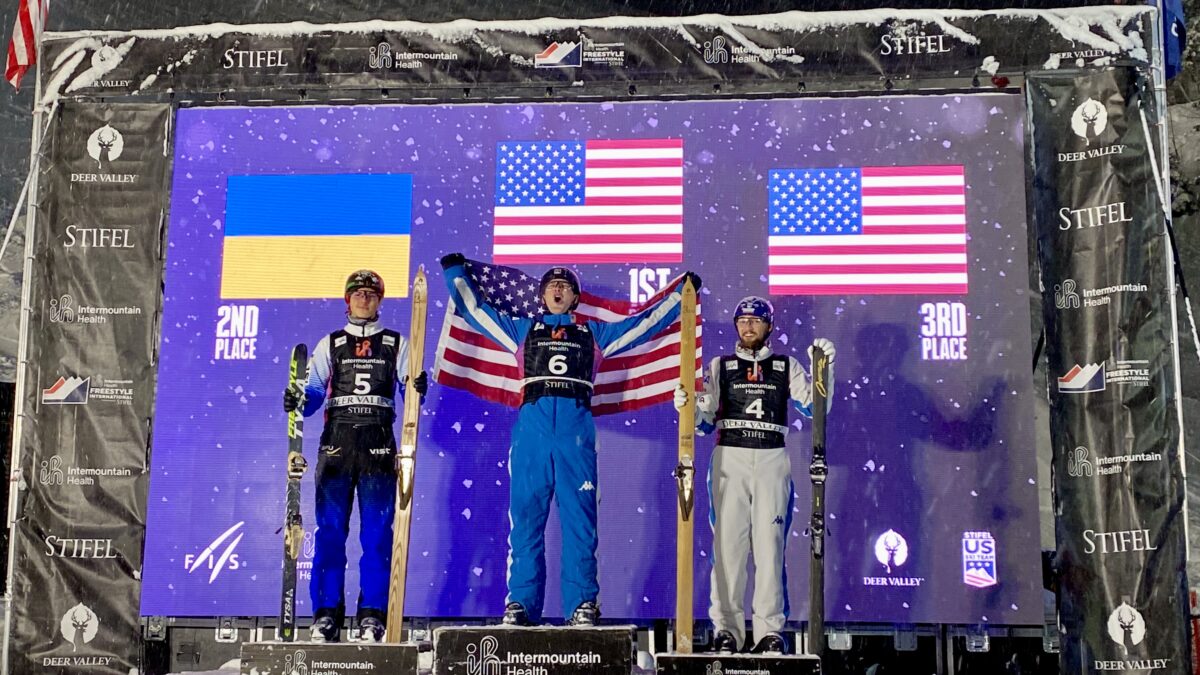 Dehlinger, Kotovskyi, and Lillis on the mens aerials podium at Deer Valley's freestyle world cup.