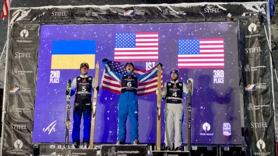 Dehlinger, Kotovskyi, and Lillis on the mens aerials podium at Deer Valley's freestyle world cup.