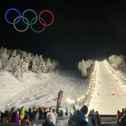 Deer Valley's February Freestyle World Cup Drone Show's Olympic Rings.