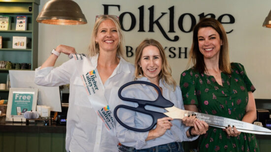 Folklore Bookstore co-owners (from left) Audrey Lind, Alison Russell, and Lindsay Leavitt Brown inside their welcoming literary space in Midway, Utah. The independent bookstore has quickly become a hub for storytelling, community events, and book lovers of all ages.