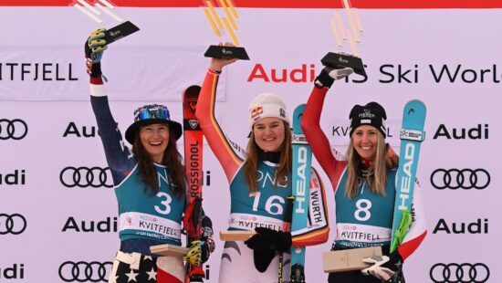 Emma Aicher of Team Germany takes 1st place, Lauren Macuga of Team United States takes 2nd place, Cornelia Huetter of Team Austria takes 3rd place during the Audi FIS Alpine Ski World Cup Women's Downhill on March 1, 2025 in Kvitfjell Norway.