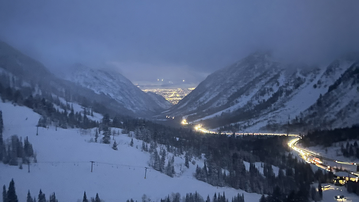 A line of cars makes its way up Little Cottonwood Canyon on March 15, 2025.