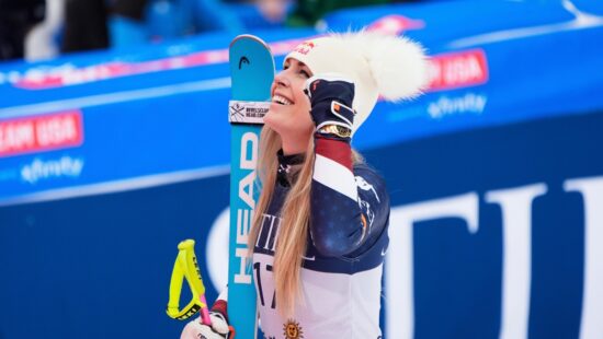 Second place finisher United States' Lindsey Vonn reacts during a medal ceremony for women's super-G at the World Cup Finals, Sunday, March 23, 2025, in Sun Valley, Idaho.