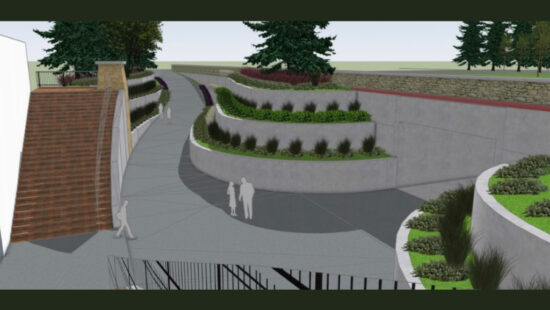 Proposed Design for Kearns Blvd Pedestrian Tunnel – A conceptual rendering showcases the potential tunnel entrance at Kearns Boulevard and Snow Creek Drive, featuring tiered landscaping and pedestrian pathways. Park City City Council will discuss this and other crossing options during its March 13 meeting.