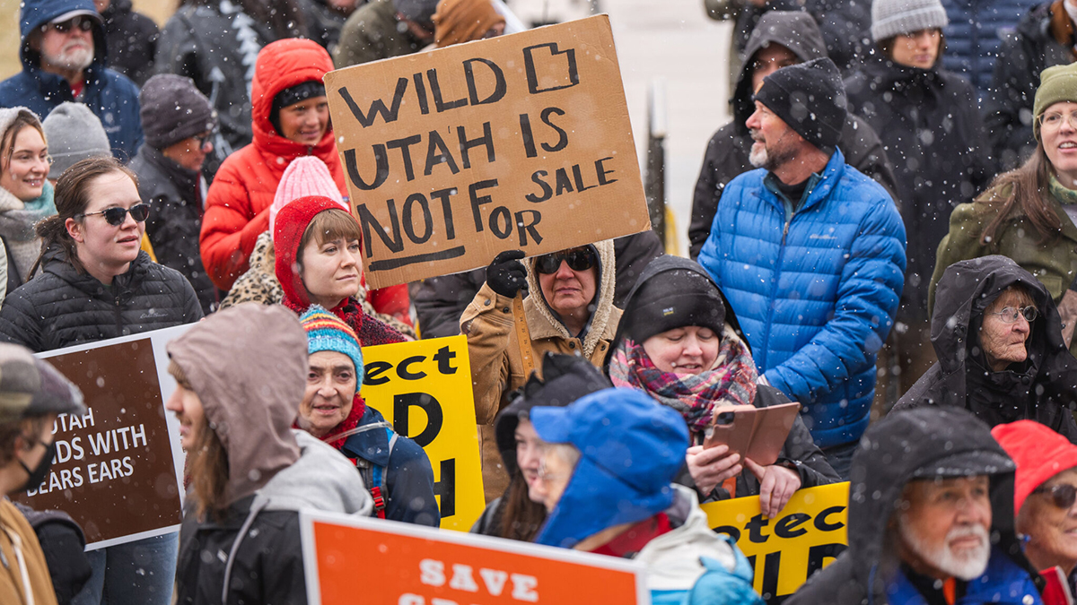 People rally in opposition of Utah’s lawsuit attempting to take control of federal lands at the Capitol in Salt Lake City on Saturday, Jan. 11, 2025.