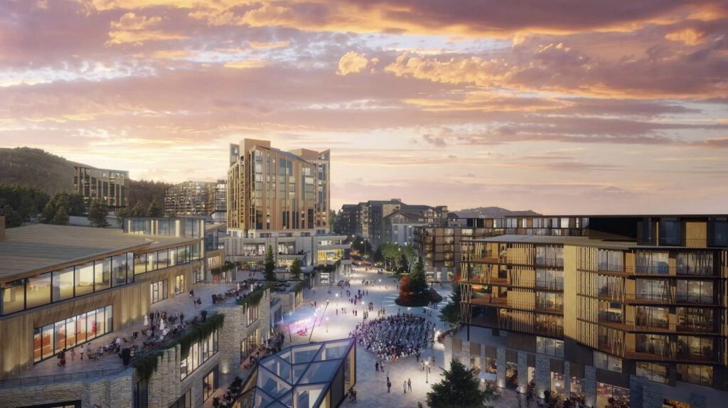 Rendering of Deer Valley East Village fully built out at dusk.