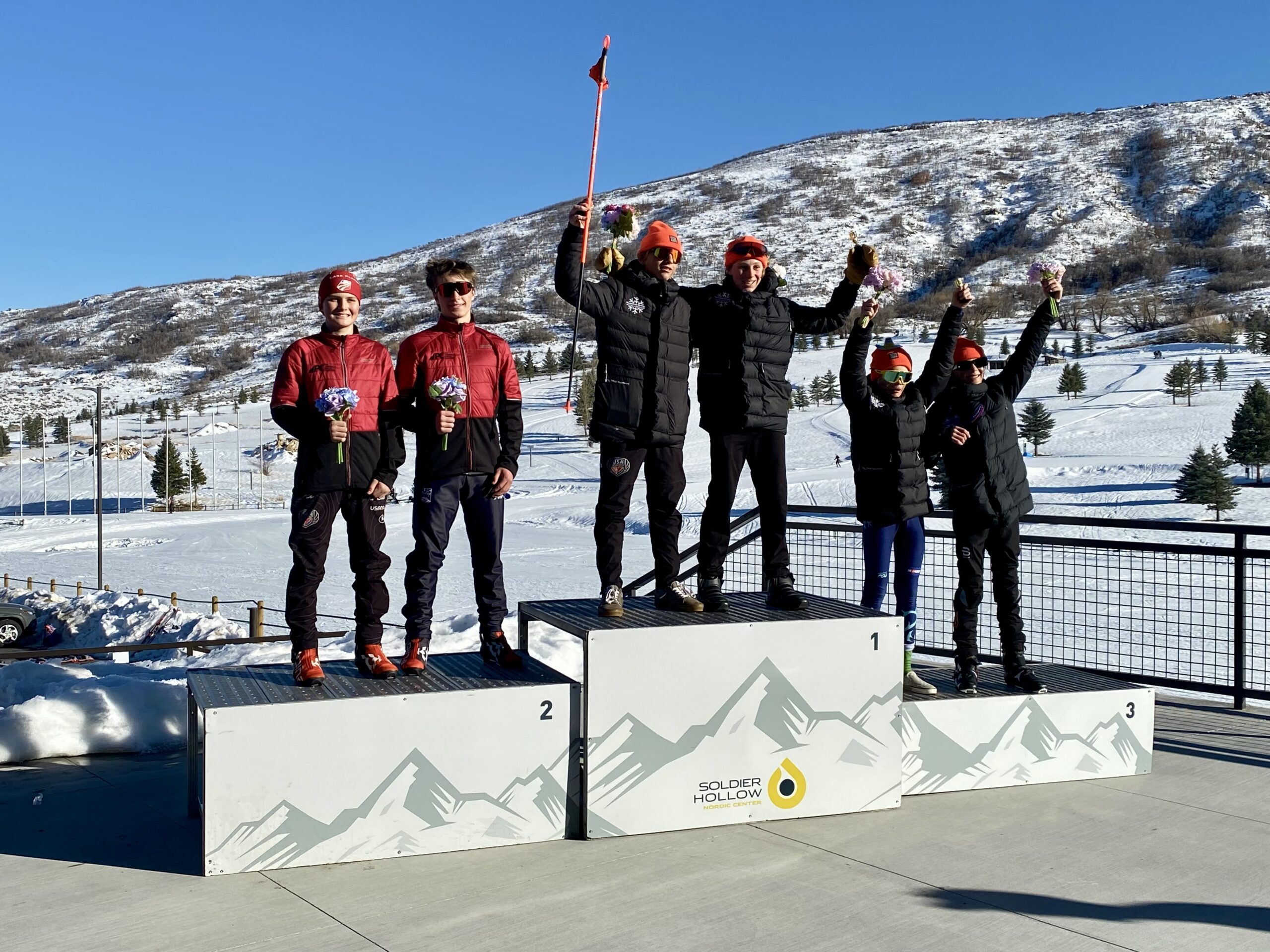 PCSS's Nordic Combined sthletes Liam Demong (L) and Logan Cadman in third place at Jr. Nationals at SoHo.