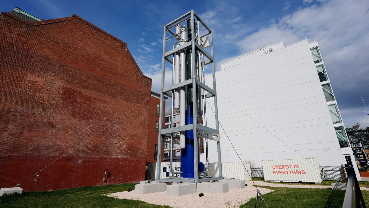 A Last Energy prototype of a microreactor on display at the corner of 10th and V Street NW in Washington, Tuesday, March 25, 2025.
