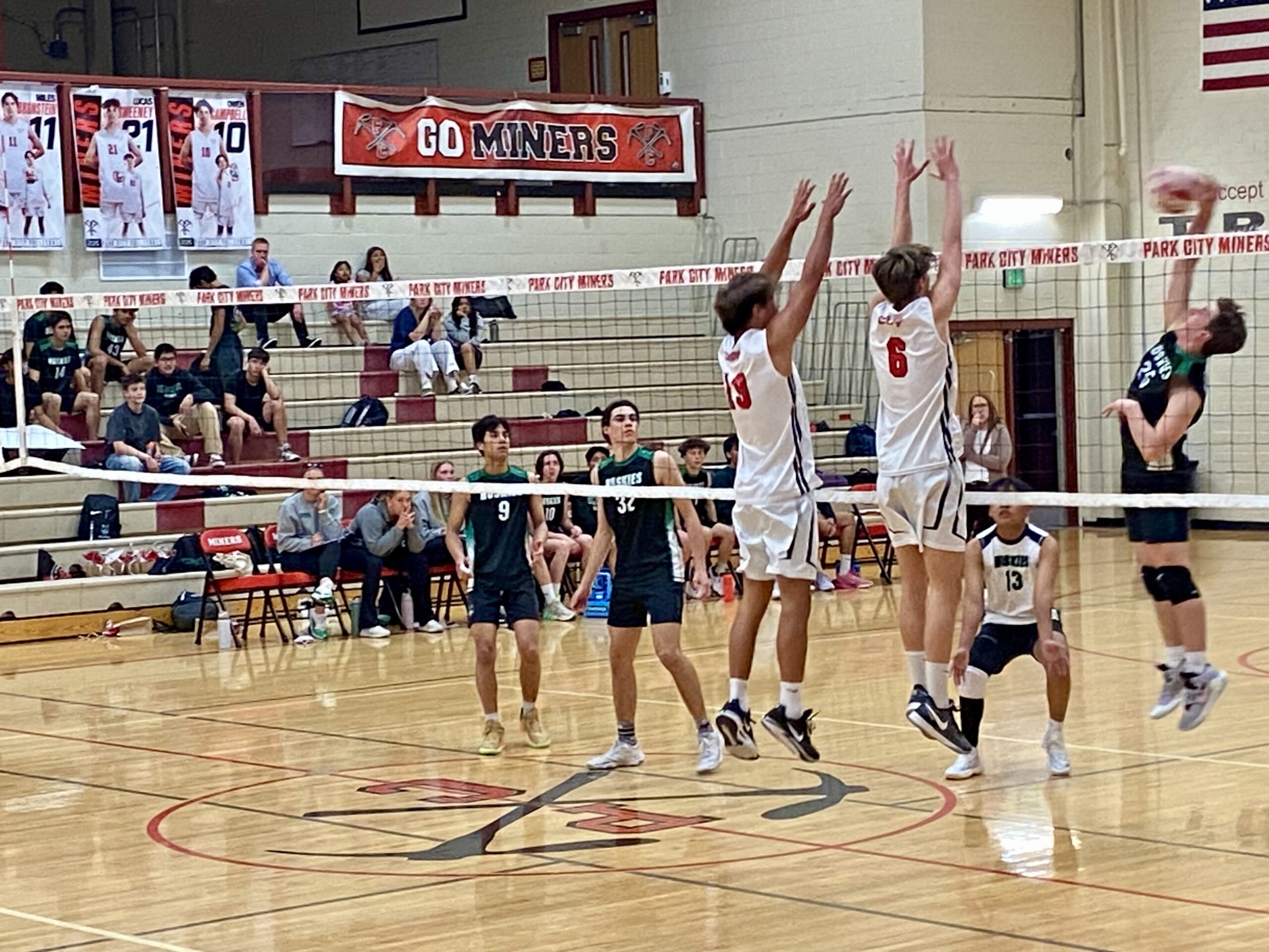 Luke Trombly, # 19 blocking the ball.
