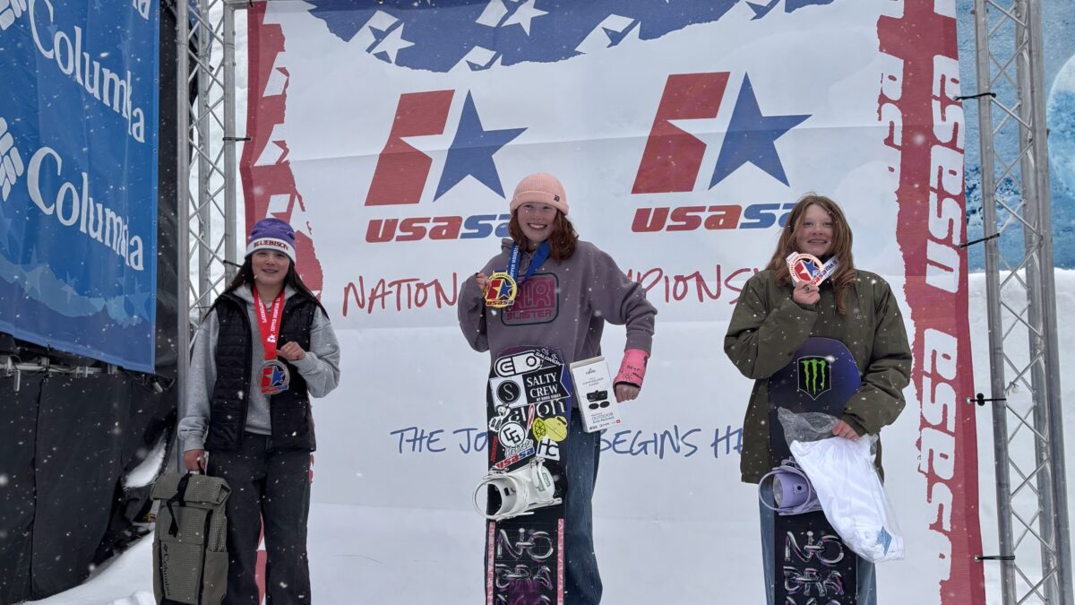 Snowboarder London Zarkos from Park City, 2nd place (left), in Copper Mnt., Colorado.