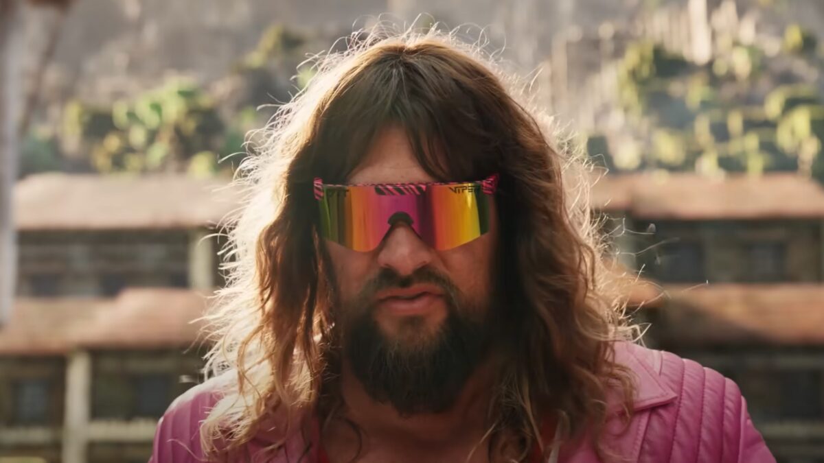 Jason Momoa rocking a pair of "The Hot Tropics 2000" PitViper Sunglasses in A Minecraft Movie. Photo: Warner Bros.