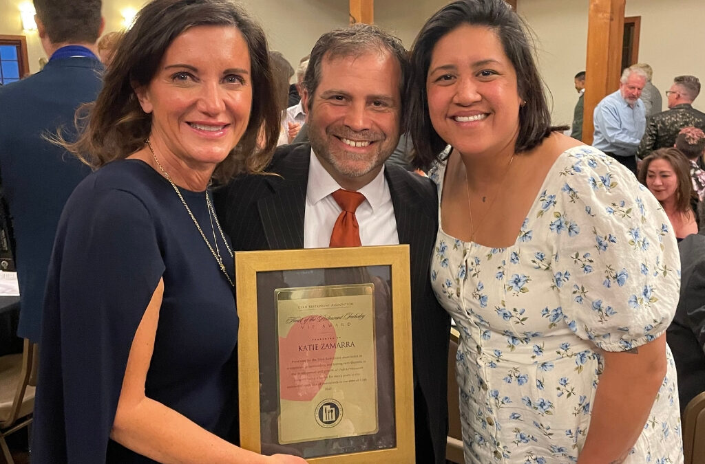 Katie Zamarra, left, celebrates with her husband, James Beard Award-winning chef Galen Zamarra, after receiving the Utah Restaurant Association’s Heart of the Industry VIP award in Salt Lake City on Tuesday, April 22, 2025.