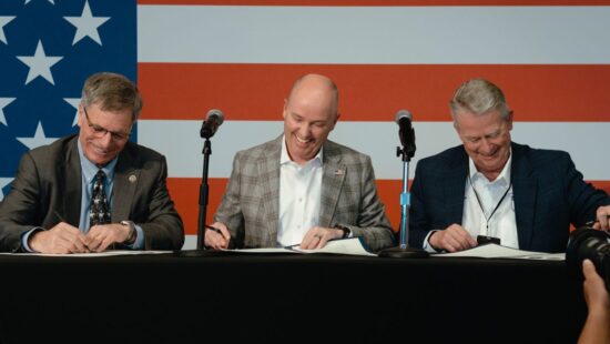 Gov. Spencer Cox (Utah, center), Gov. Brad Little (Idaho, right), and Gov. Mark Gordon (Wyoming, left).
