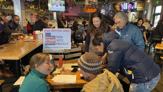 Voters sign the referendum at a local signature gather at O'Shucks in Pinebrook on April 1, 2025.