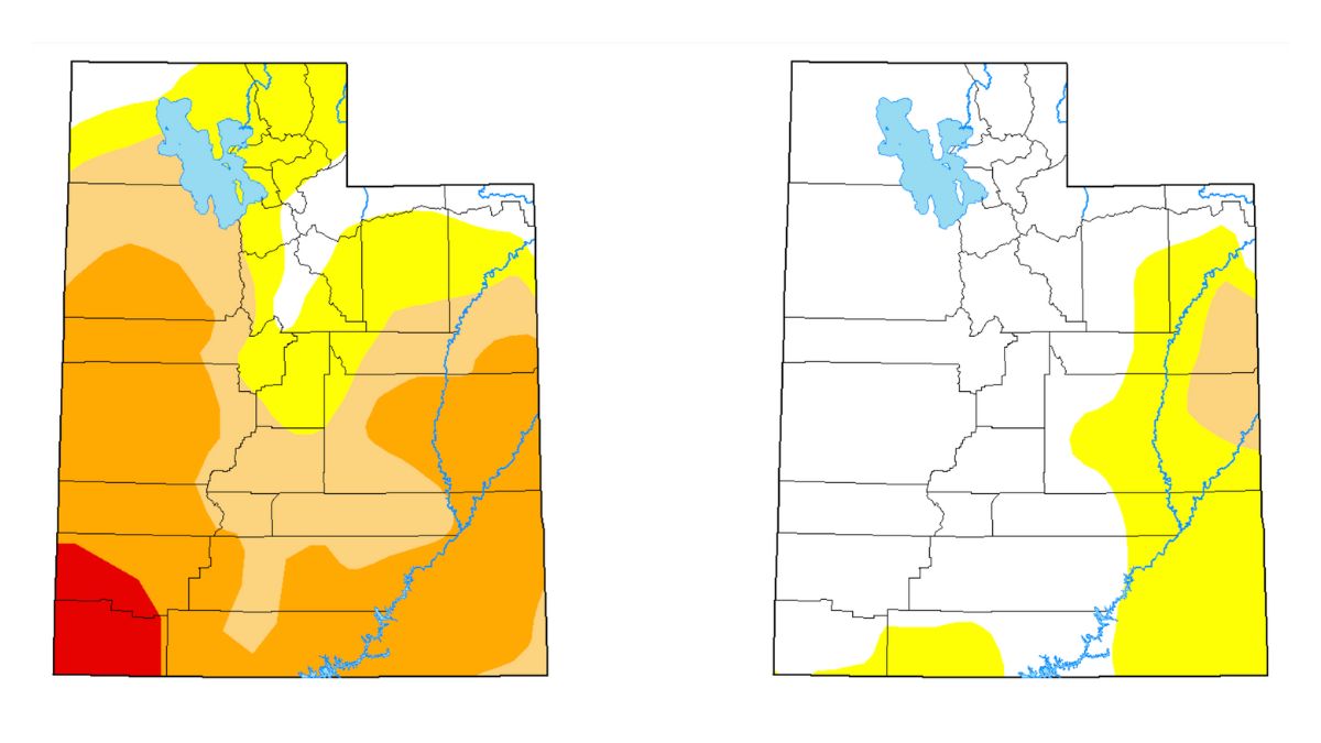 Current drought conditions (left) compared to April 23, 2024 (right).