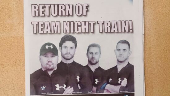 Steve Holcomb (L) with his bobsled teammates.