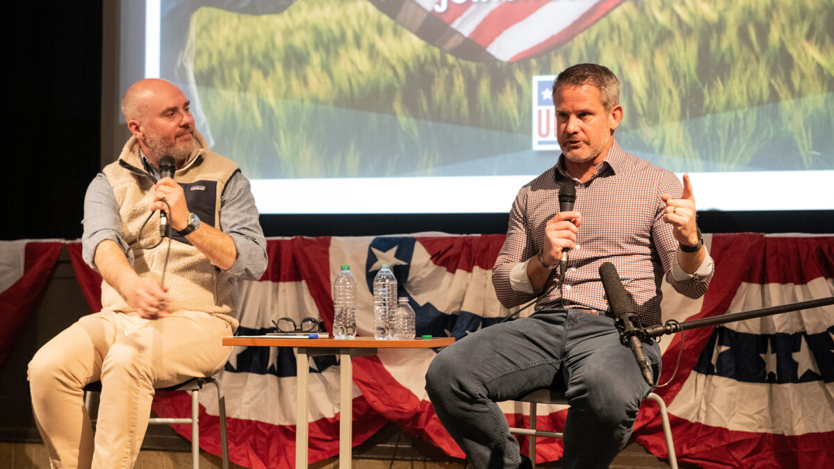 Adam Kinzinger speaks with Reed Galen at the Union event held at Jim Santy auditorium in Park City on May 14, 2025.