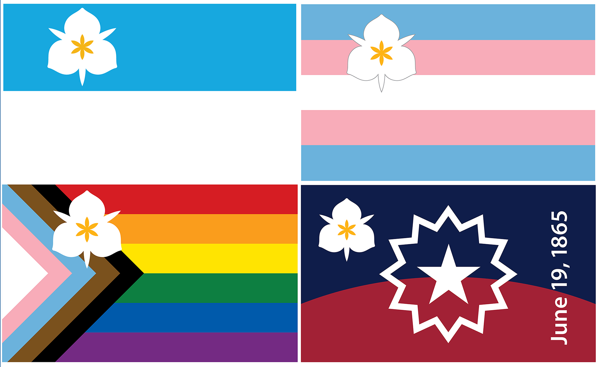 A composite provided by the mayor’s office shows (clockwise from top left) the city’s current Sego Lily flag; the Sego Visibility Flag for transgender residents; the Sego Celebration Flag marking Juneteenth and honoring Black residents; and the Sego Belonging Flag incorporating the Progress Pride design. All four banners are now official city flags following a unanimous City Council vote on Tuesday.