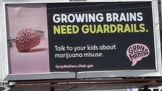 A billboard in Wasatch County features the Gray Matters campaign's message: “Growing Brains Need Guardrails.” The initiative urges parents to talk to their children about the risks of marijuana misuse.