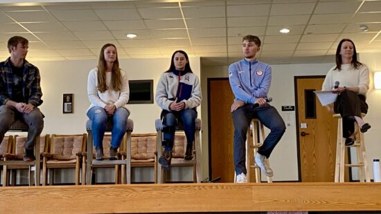 (L-R) Wes Campbell, Maddie Keiserman, Karenna Elliot, Casey Dawson, with Emily Cook moderating, comprise the Athlete's Panel at the Youth Sports Alliance's Circle of Excelence Recognition Ceremony.