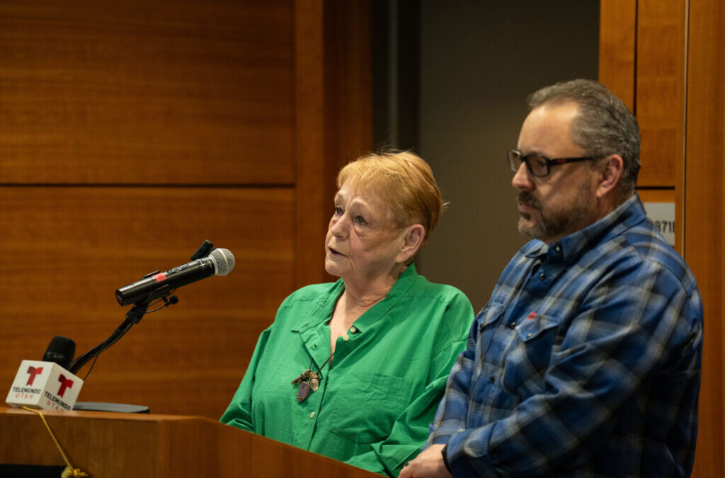 The mother of Christine Gallegos, Leah Gallegos, speaks during a press conference at the Salt Lake City Police Department.