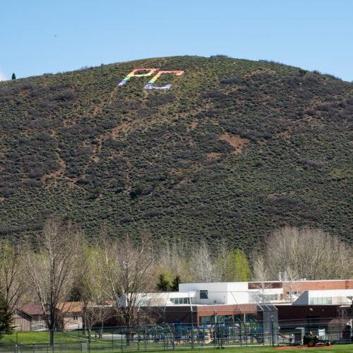 The PC on PC Hill wrapped in Pride colors on Wednesday, May 7, 2025.
