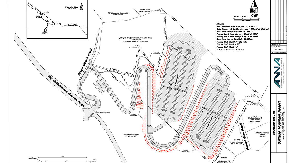 Plans for Solitude's proposed parking lot in Big Cottonwood Canyon. The lot would have space for 593 cars.