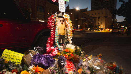 Flowers and pictures are left at a memorial to Arthur “Afa” Ah Loo, Wednesday, June 18, 2025, at the site where he was shot and killed at the “No Kings” protest on State Street in Salt Lake City.