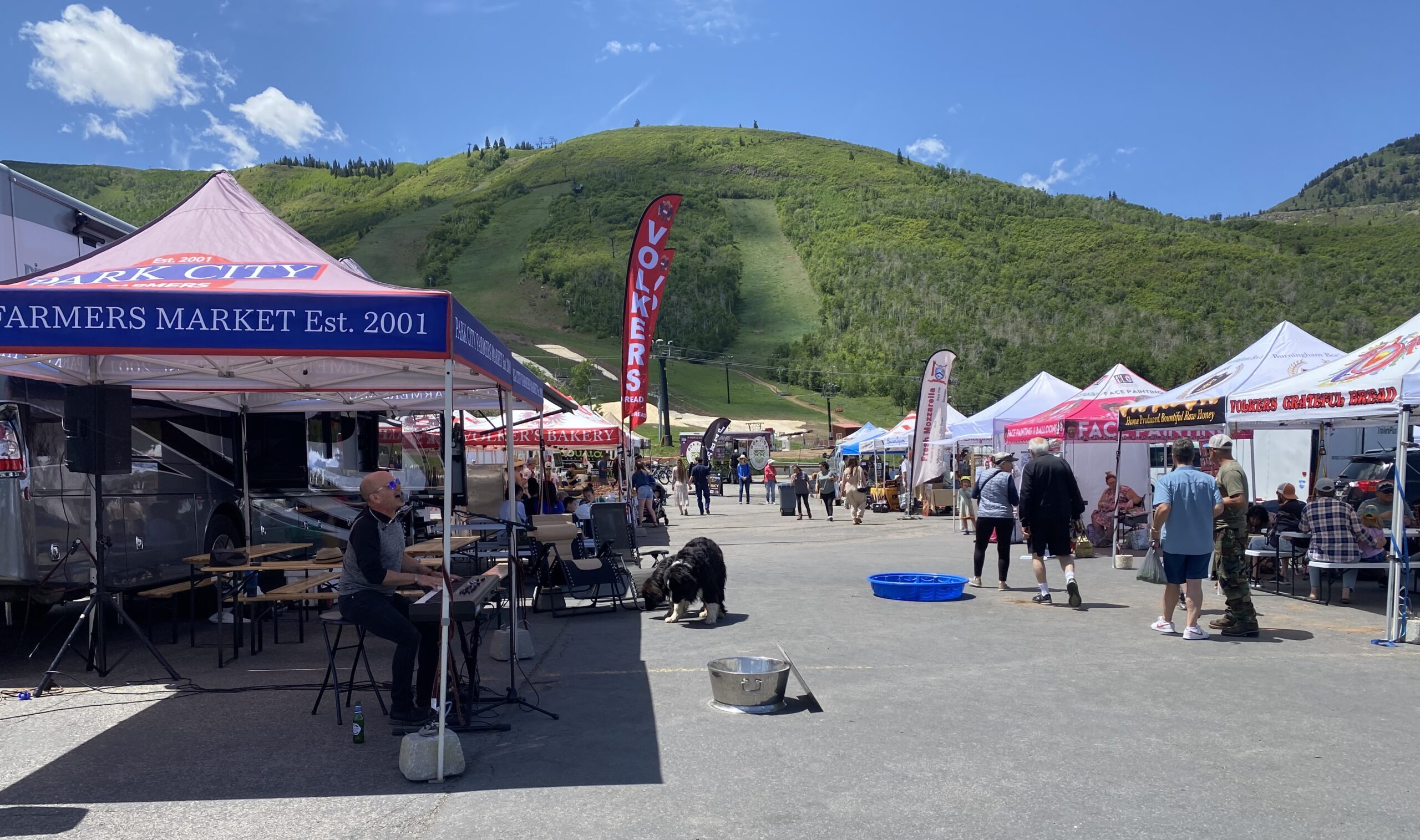 Rich Wyman singing and playing piano at the Park City Farmers Market.