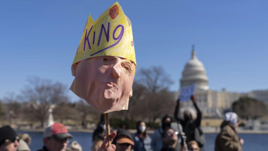 People take part in the "No Kings" protest on Presidents Day in Washington D.C. on Feb. 17, 2025.