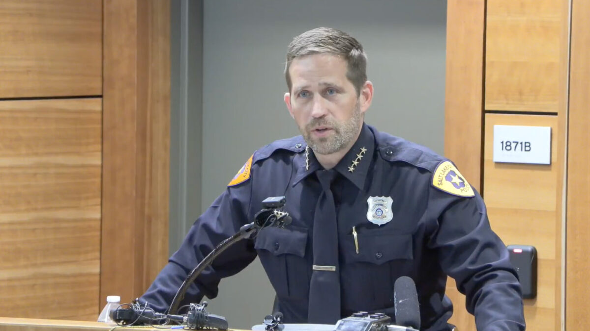 In this image taken from video provided by the Salt Lake City Police Department, Salt Lake City Police Chief Brian Redd speaks during a press conference Sunday, June 15, 2025, about the shooting incident at the "No Kings" demonstration in Salt Lake City.