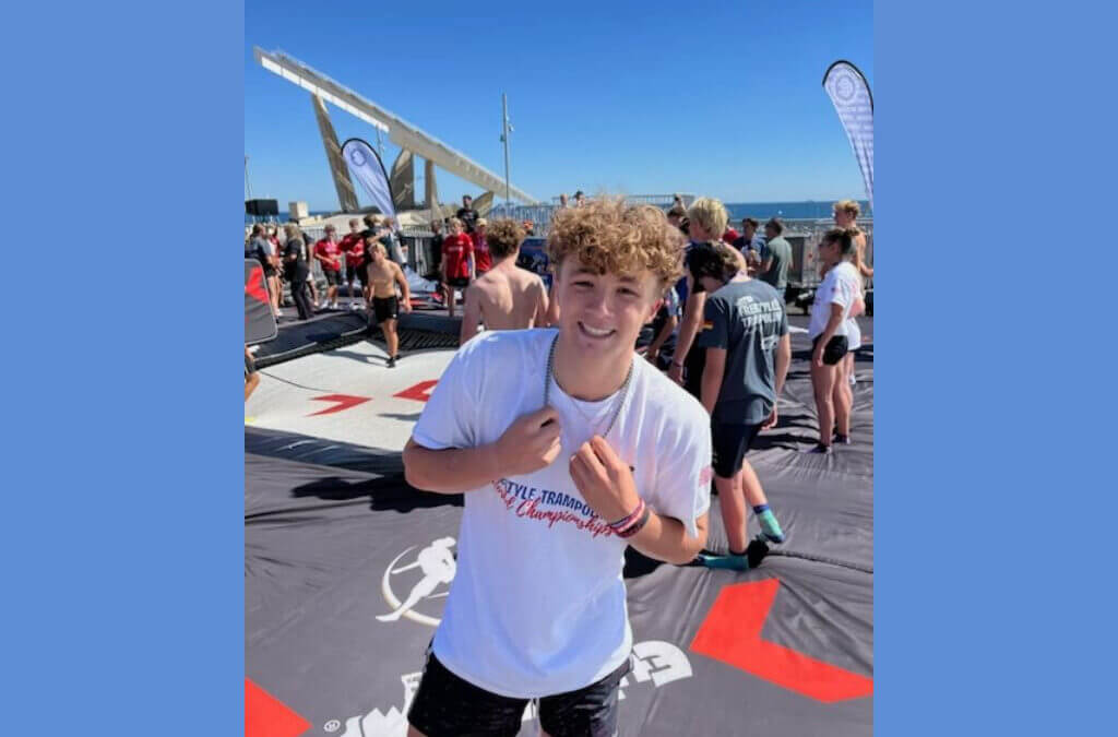Charlie Bowlen at the 2024 Freestyle Trampoline Association World Championship in Barcelona, where he placed ninth in the Men’s Junior division.