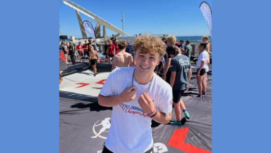 Charlie Bowlen at the 2024 Freestyle Trampoline Association World Championship in Barcelona, where he placed ninth in the Men’s Junior division.