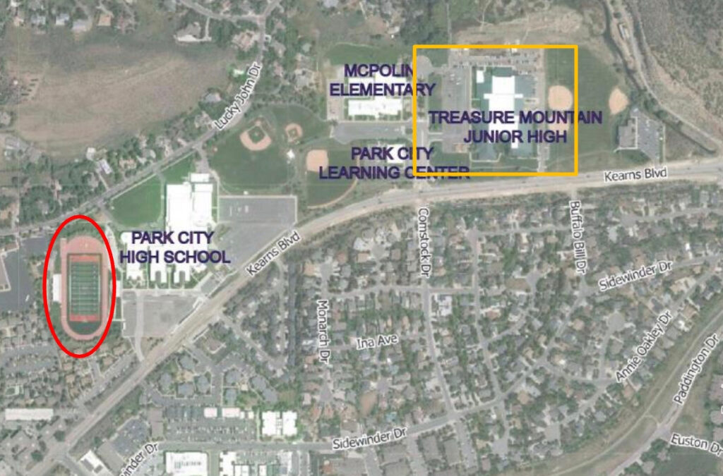 Aerial view of the Park City School District campus showing Park City High School (left, red oval) and the former Treasure Mountain Junior High site (right, yellow box), where revised plans for athletic facility upgrades and new recreation space were recently approved by the Park City Planning Commission.