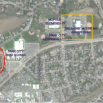 Aerial view of the Park City School District campus showing Park City High School (left, red oval) and the former Treasure Mountain Junior High site (right, yellow box), where revised plans for athletic facility upgrades and new recreation space were recently approved by the Park City Planning Commission.