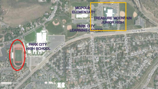 Aerial view of the Park City School District campus showing Park City High School (left, red oval) and the former Treasure Mountain Junior High site (right, yellow box), where revised plans for athletic facility upgrades and new recreation space were recently approved by the Park City Planning Commission.