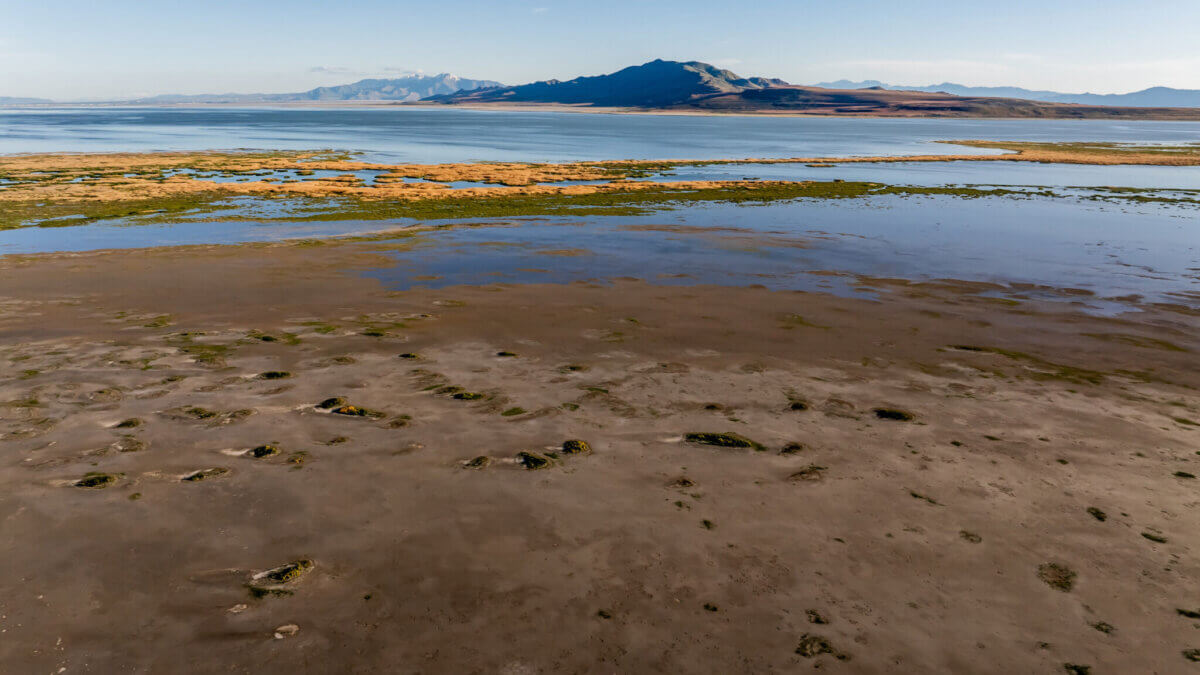 The shores of the Great Salt Lake near Syracuse, with Antelope Island in the background, are pictured on Tuesday, May 21, 2024.