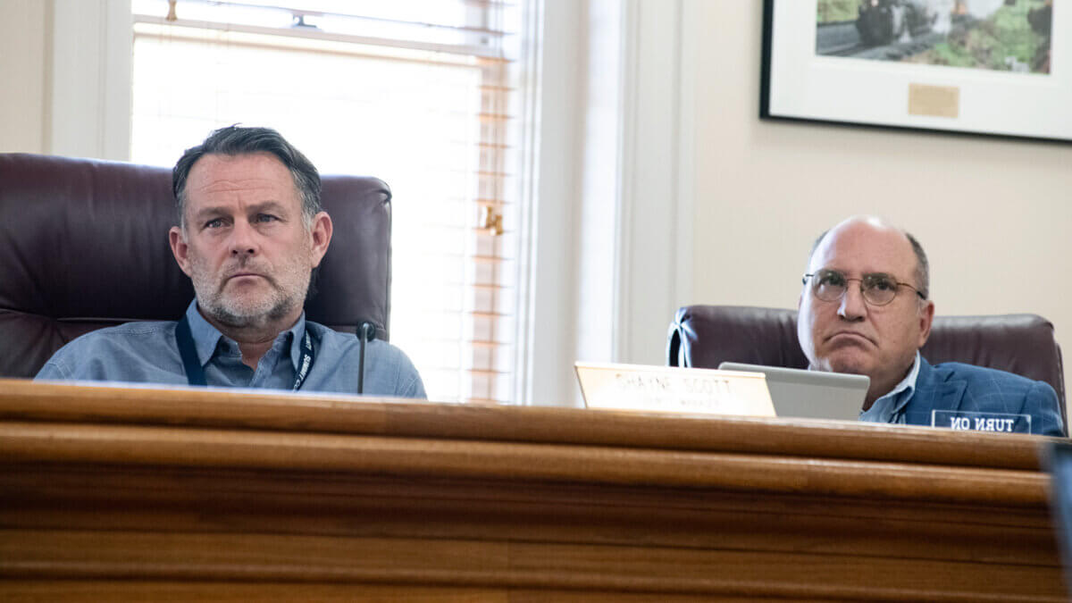 Summit County Manager Shayne Scott, at left and county attorney David Thomas during the Dakota Pacific Public Hearing at the Summit County Courthouse in Coalville on Monday, July 29, 2025.