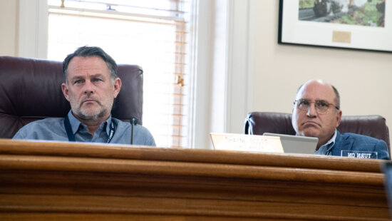 Summit County Manager Shayne Scott, at left and county attorney David Thomas during the Dakota Pacific Public Hearing at the Summit County Courthouse in Coalville on Monday, July 29, 2025.